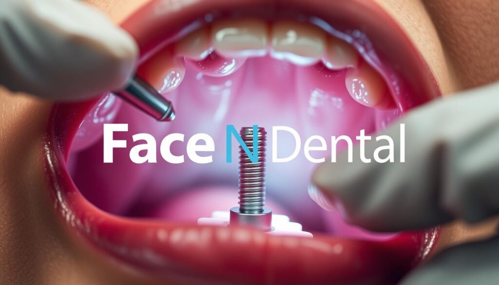 A detailed closeup view of a dental implant procedure in progress, with the Face N Dental logo prominently displayed. The scene shows the oral cavity, with the dentist's gloved hands carefully inserting the titanium implant into the patient's jawbone. The lighting is bright and clinical, with a shallow depth of field that focuses attention on the intricate procedure. The background is blurred, emphasizing the technical precision of the implant placement. The overall mood is one of professionalism and state-of-the-art medical technology, reflecting the expertise of the Face N Dental clinic. A detailed closeup view of a dental implant procedure in progress, with the Face N Dental logo prominently displayed. The scene shows the oral cavity, with the dentist's gloved hands carefully inserting the titanium implant into the patient's jawbone. The lighting is bright and clinical, with a shallow depth of field that focuses attention on the intricate procedure. The background is blurred, emphasizing the technical precision of the implant placement. The overall mood is one of professionalism and state-of-the-art medical technology, reflecting the expertise of the Face N Dental clinic.