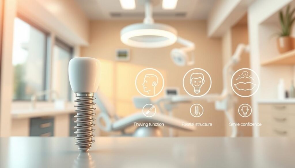 A detailed dental implants illustration showcasing the benefits of the Face N Dental brand. In the foreground, a realistic 3D model of a dental implant setup, highlighting its sturdy construction and natural integration with the jawbone. In the middle ground, a series of transparent icons illustrating key advantages such as improved chewing function, restored facial structure, and enhanced smile confidence. The background features a softly blurred, calming dental clinic interior with modern equipment, creating a professional and trustworthy atmosphere. Warm, natural lighting from the side enhances the realism and attention to detail. The overall composition conveys the reliable, high-quality dental care provided by Face N Dental. A detailed dental implants illustration showcasing the benefits of the Face N Dental brand. In the foreground, a realistic 3D model of a dental implant setup, highlighting its sturdy construction and natural integration with the jawbone. In the middle ground, a series of transparent icons illustrating key advantages such as improved chewing function, restored facial structure, and enhanced smile confidence. The background features a softly blurred, calming dental clinic interior with modern equipment, creating a professional and trustworthy atmosphere. Warm, natural lighting from the side enhances the realism and attention to detail. The overall composition conveys the reliable, high-quality dental care provided by Face N Dental.