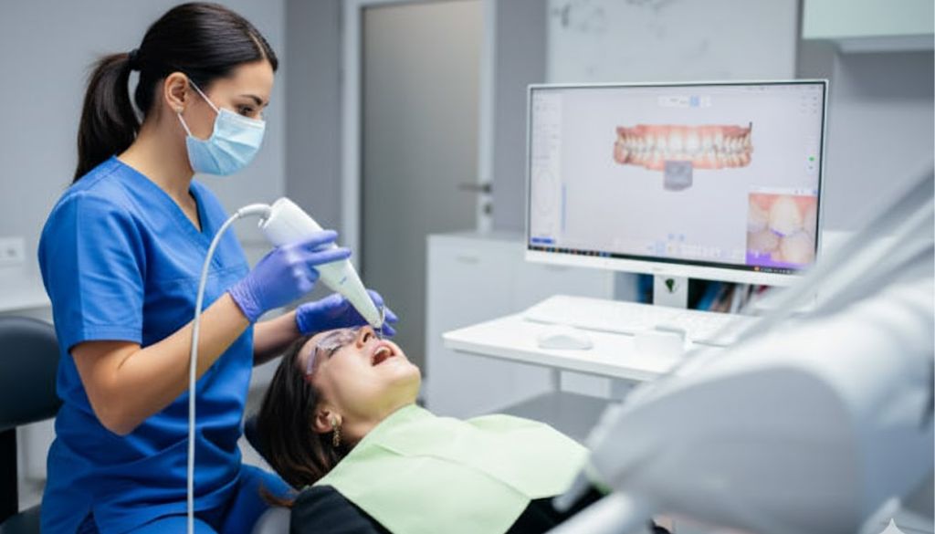A modern, airy dental clinic interior with bright lighting, clean and minimalist design. At the center, the "Face N Dental Clinic" logo is prominently displayed on the reception desk. In the foreground, a smiling patient sits comfortably in the dentist's chair, while a skilled dentist in scrubs performs a cosmetic procedure. The background features state-of-the-art dental equipment and a panoramic window overlooking the bustling streets of Pune. The overall atmosphere conveys professionalism, expertise, and a commitment to patient comfort and satisfaction.